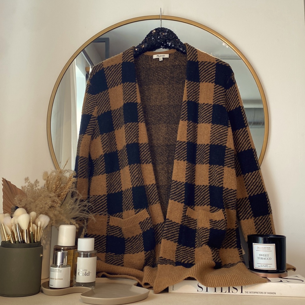 Madewell Mustard & Black Buffalo Check Kent Open Cardigan In Coziest Yarn
